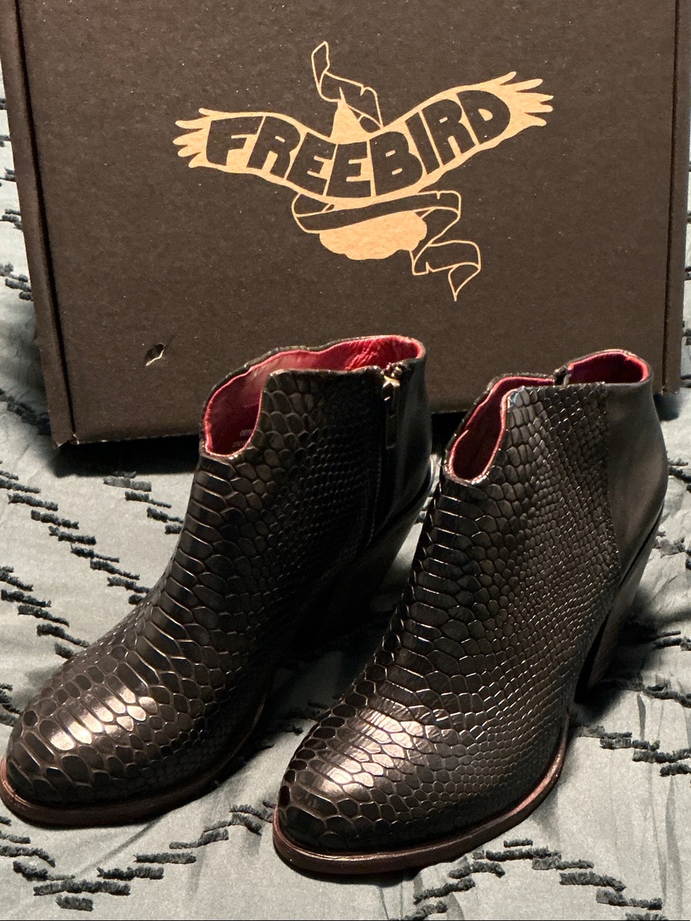 Freebird by Steven Black Snake-Embossed Ankle Booties with Red Liner
